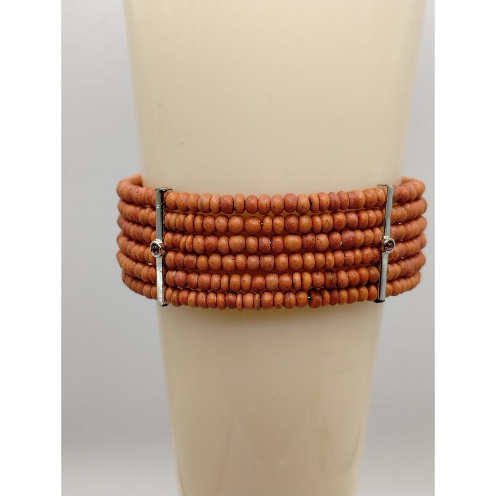 Vintage Bracelet Cuff Rows of Orange Beads Trim is in Metal bars with Rhinestone